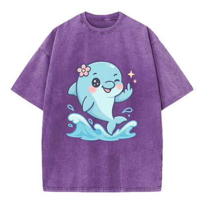 smiling dolphin jumping through ocean waves, one fin up with attitude - Vintage T-shirt - Purple