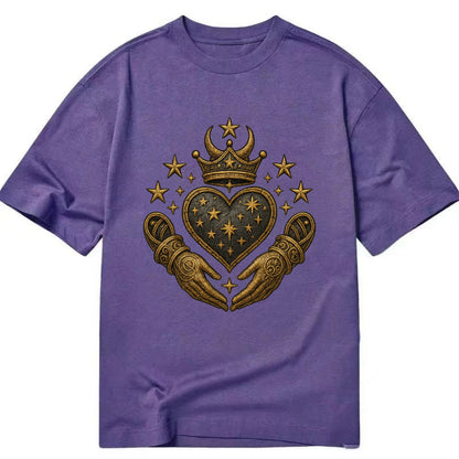 Weathered antique brass crown above a hammered gunmetal heart framed by ivy-woven - Classic T-shirt - Purple