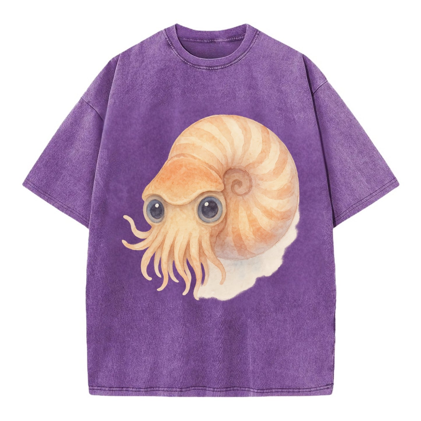 Baby Nautilus - spiral shell, tentacles peeking, ancient eyes, front-facing, - Vintage T-shirt - Purple