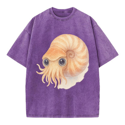 Baby Nautilus - spiral shell, tentacles peeking, ancient eyes, front-facing, - Vintage T-shirt - Purple