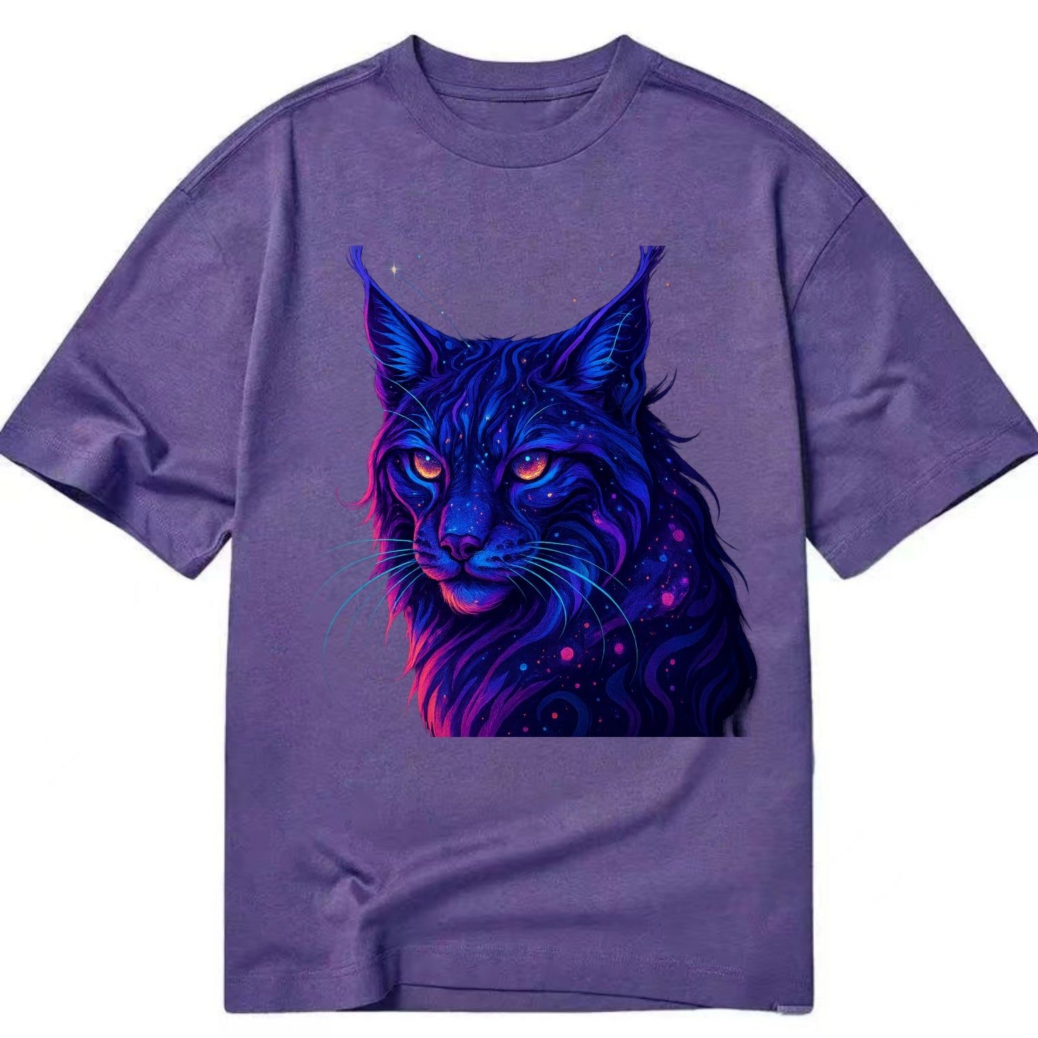 Stealthy lynx with ear tufts forming constellation patterns, nebula spots across - Classic T-shirt - Purple