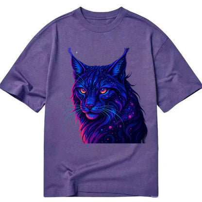 Stealthy lynx with ear tufts forming constellation patterns, nebula spots across - Classic T-shirt - Purple