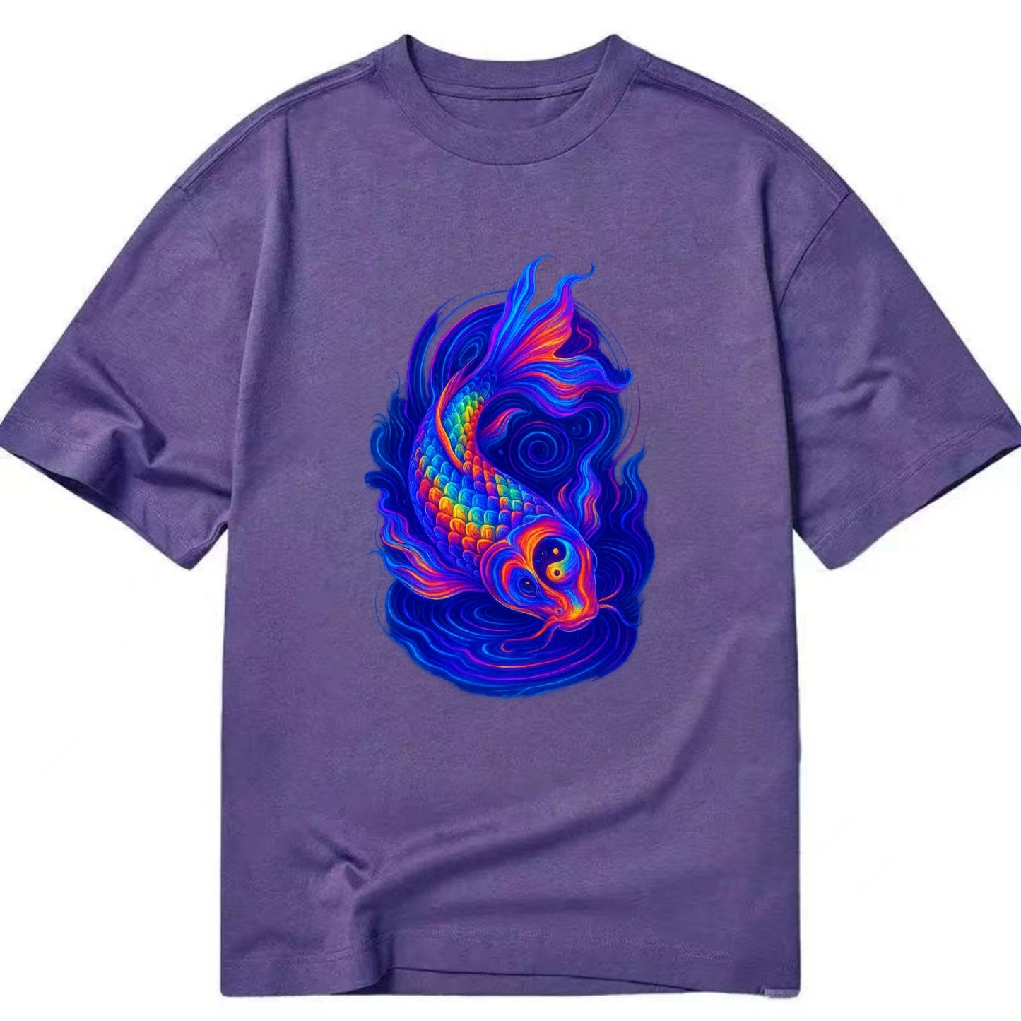 Sacred koi with scales reflecting rainbow prisms, yin-yang patterns in cosmic - Classic T-shirt - Purple
