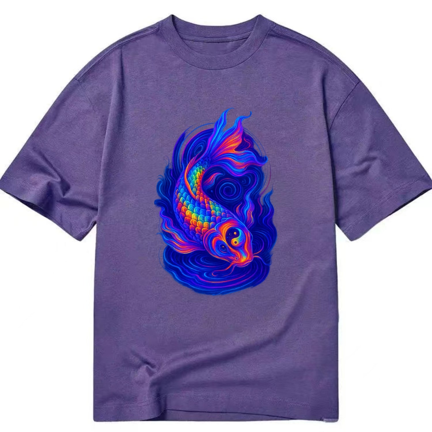 Sacred koi with scales reflecting rainbow prisms, yin-yang patterns in cosmic - Classic T-shirt - Purple