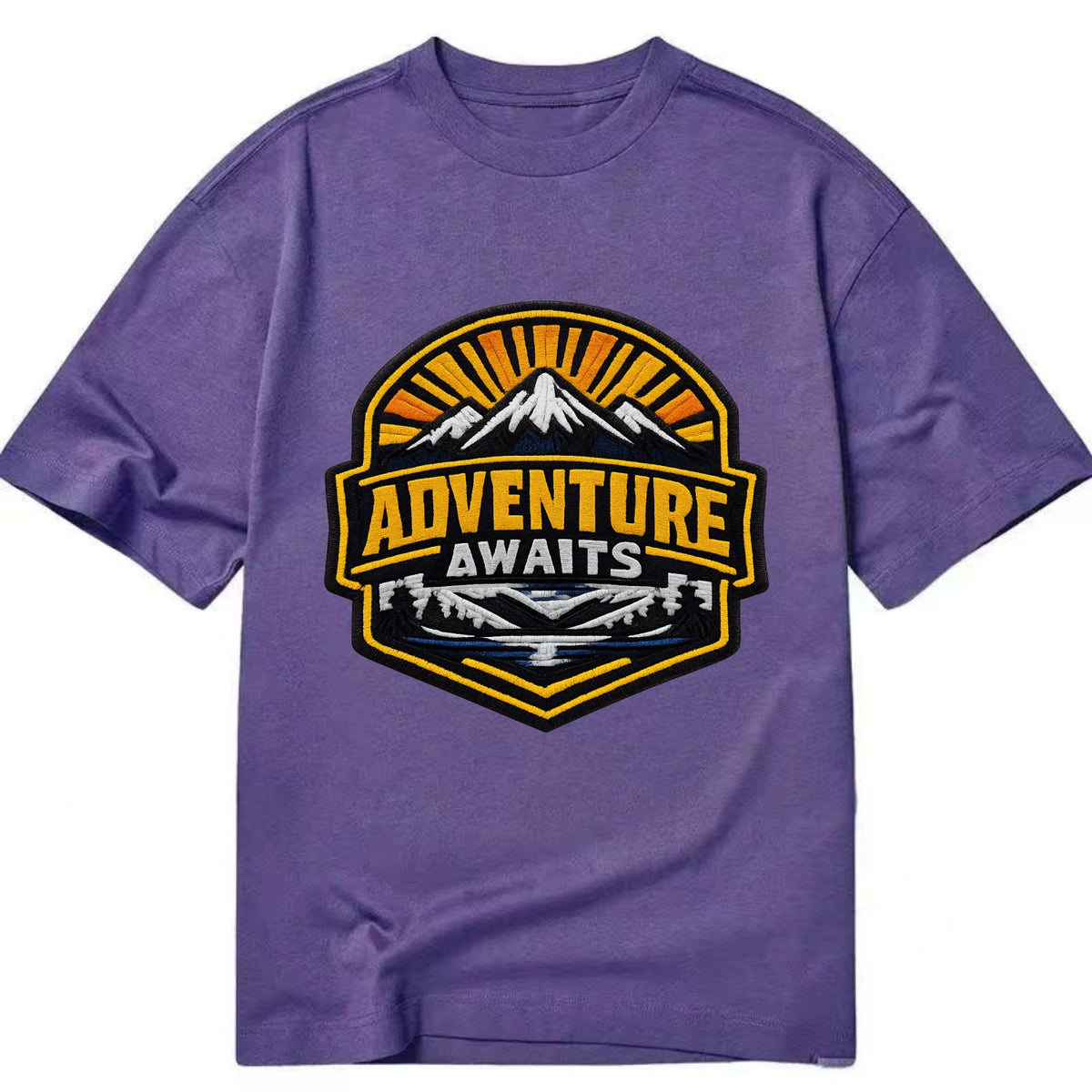 ADVENTURE AWAITS - mountain sunrise with text in gold and blue , wanderlust - Classic T-shirt - Purple