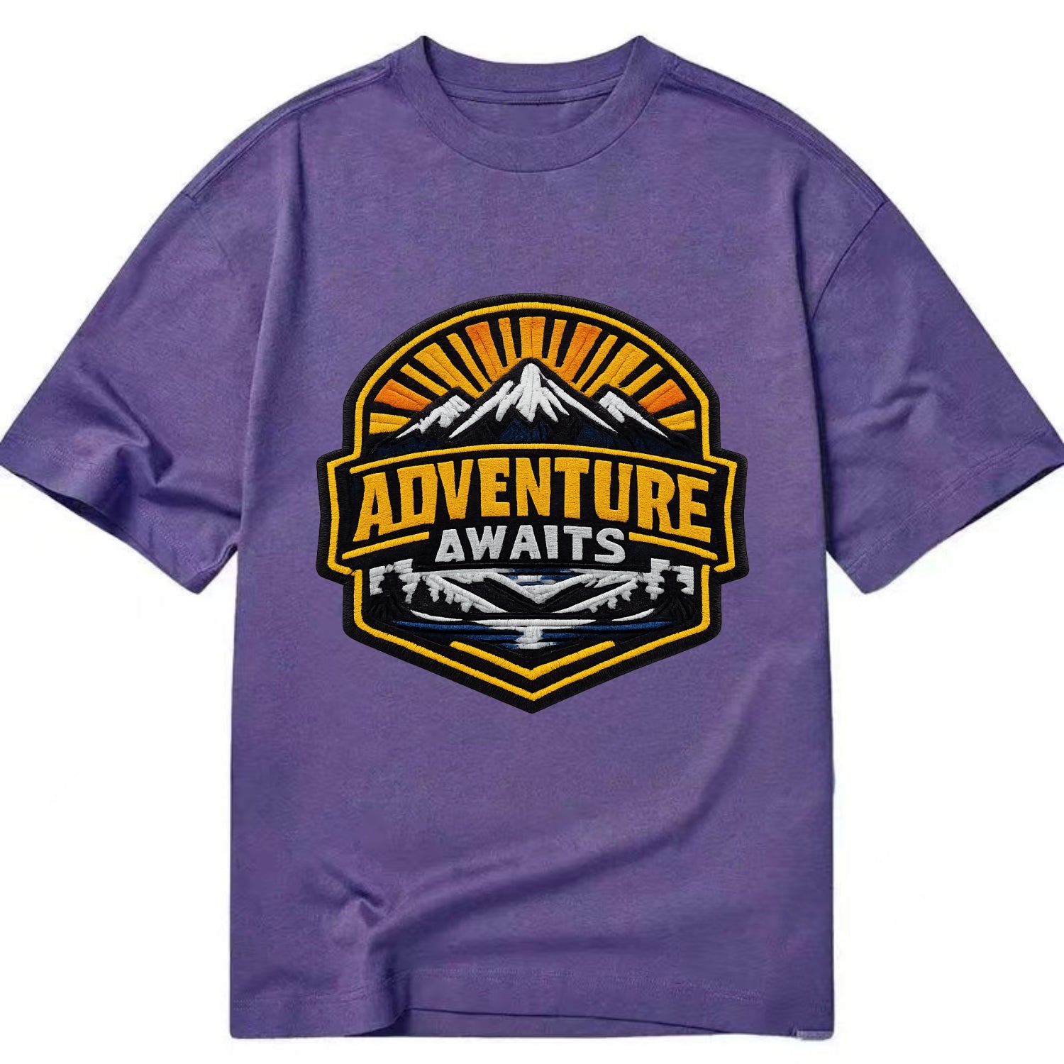 ADVENTURE AWAITS - mountain sunrise with text in gold and blue , wanderlust - Classic T-shirt - Purple
