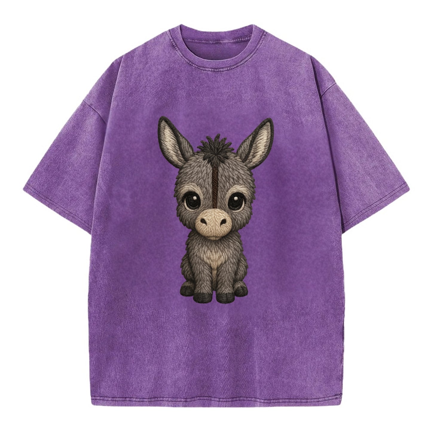 Baby Donkey Foal - gray fluffy, long ears, dark stripe, gentle eyes, - Vintage T-shirt - Purple