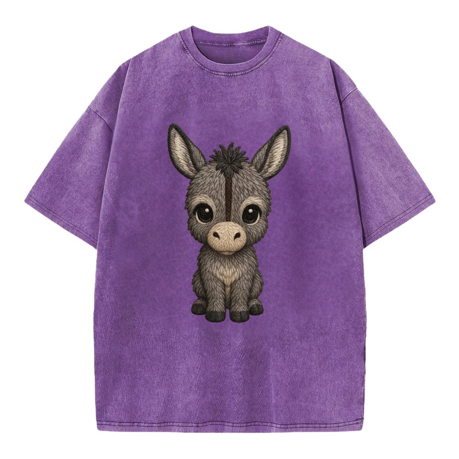 Baby Donkey Foal - gray fluffy, long ears, dark stripe, gentle eyes, - Vintage T-shirt - Purple