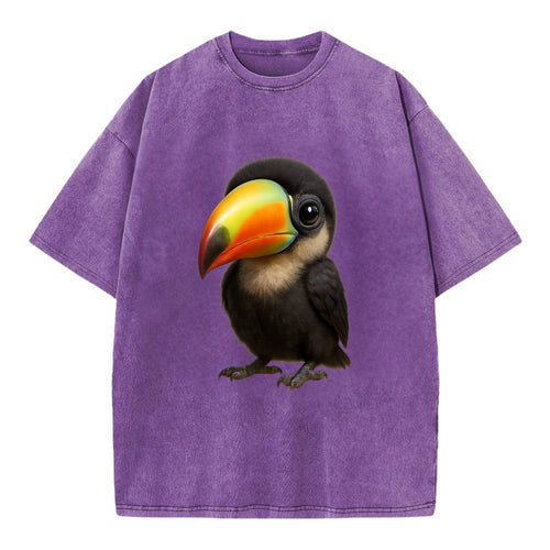 Baby Toucan - oversized colorful beak, black feathers, bright eyes, front-facing, - Vintage T-shirt