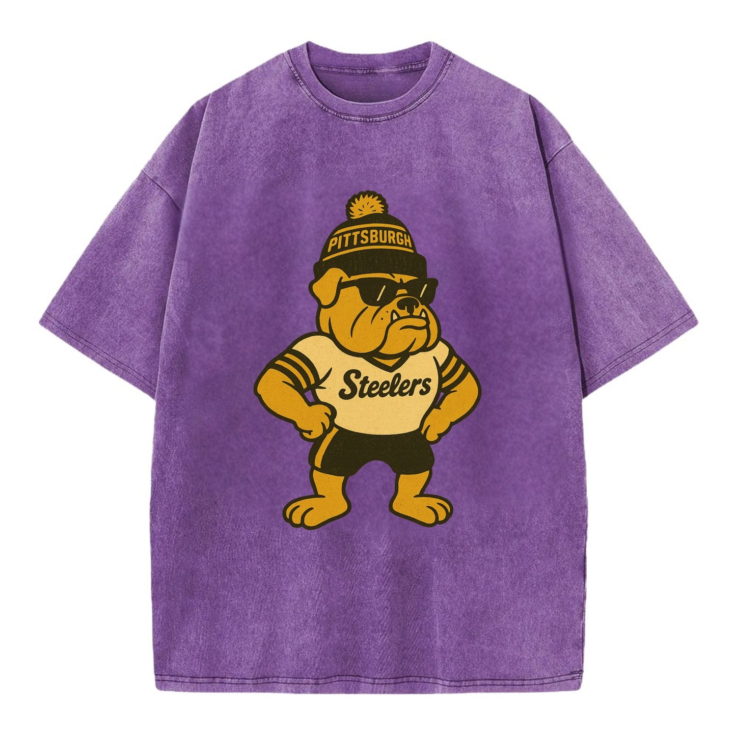 Pittsburgh Bulldog wearing Steelers black and gold beanie with pom pom and - Vintage T-shirt - Purple