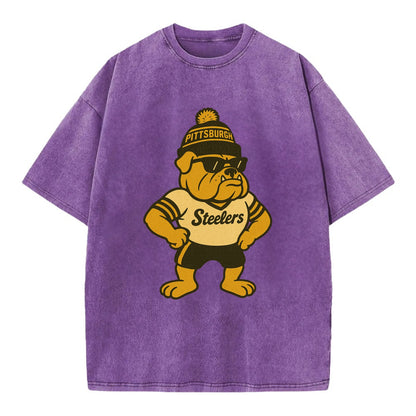 Pittsburgh Bulldog wearing Steelers black and gold beanie with pom pom and - Vintage T-shirt - Purple
