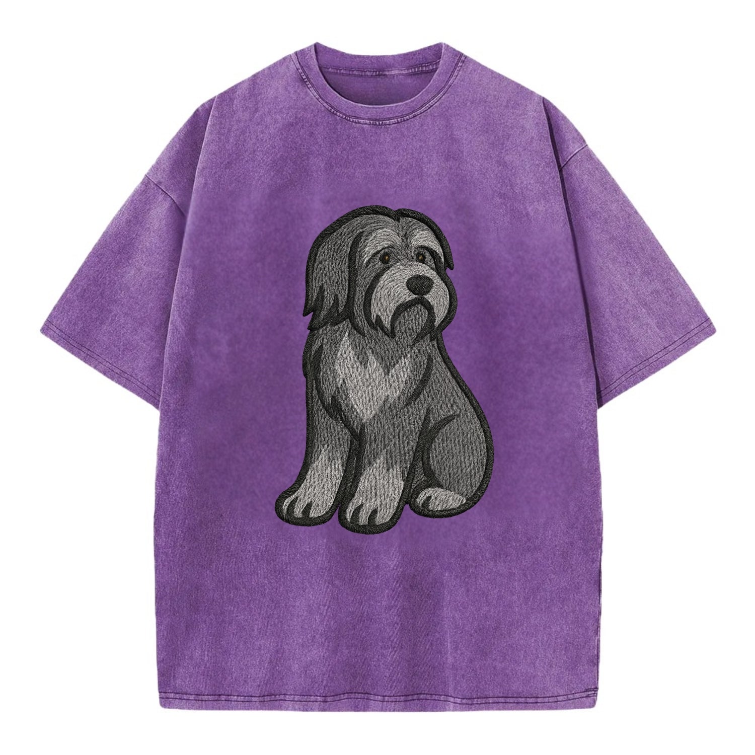 Bearded Collie - Gray shaggy coat embroidered pose - Vintage T-shirt - Purple