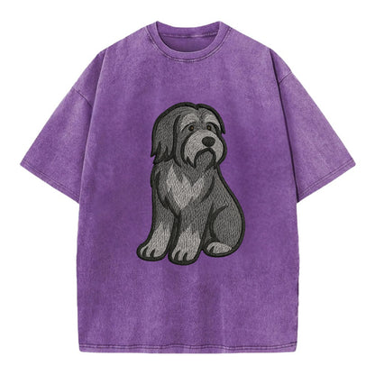 Bearded Collie - Gray shaggy coat embroidered pose - Vintage T-shirt - Purple