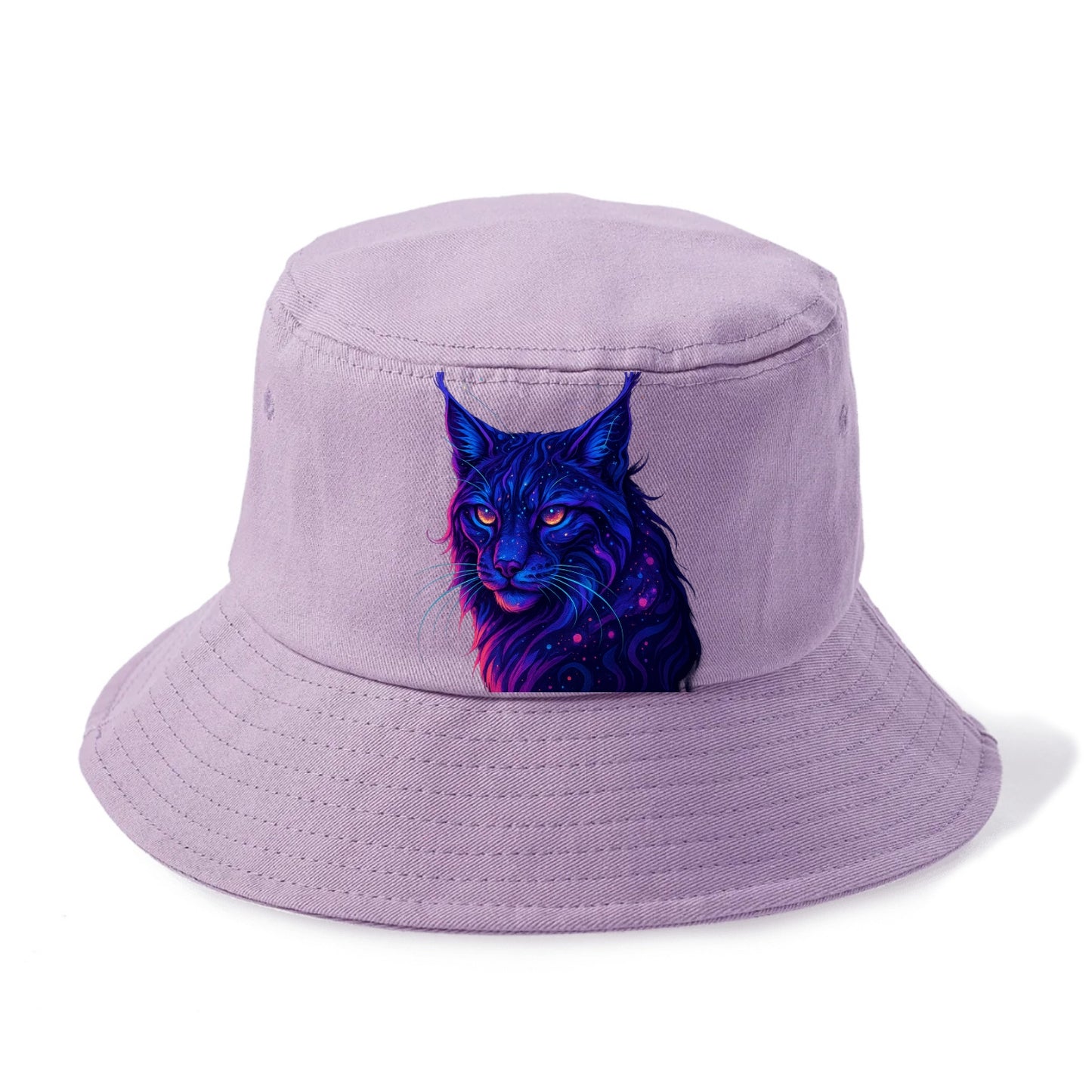 Stealthy lynx with ear tufts forming constellation patterns, nebula spots across the - Bucket Hat - Purple