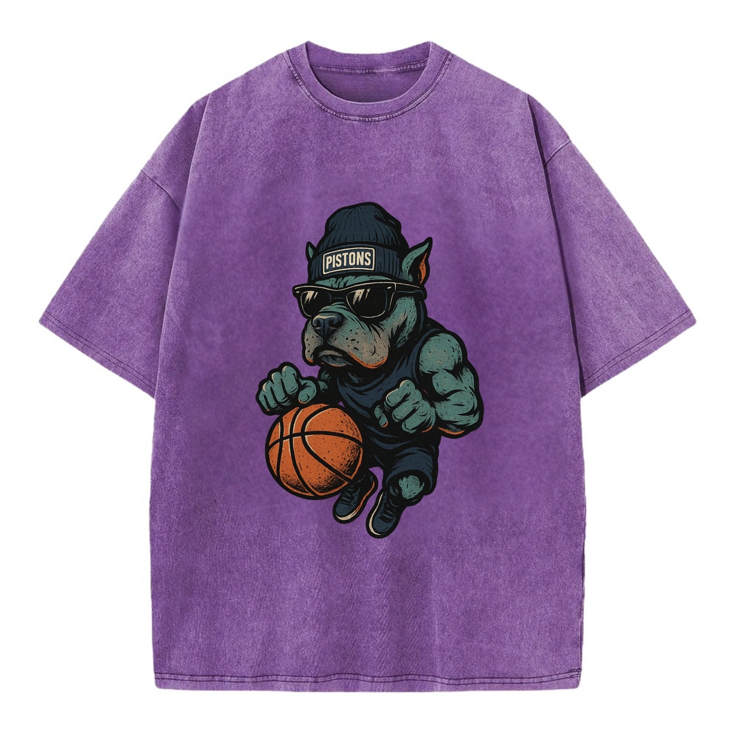 Detroit Pitbull wearing Pistons beanie with chrome patch and wayfarer sunglasses - Vintage T-shirt - Purple