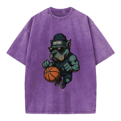 Detroit Pitbull wearing Pistons beanie with chrome patch and wayfarer sunglasses - Vintage T-shirt - Purple
