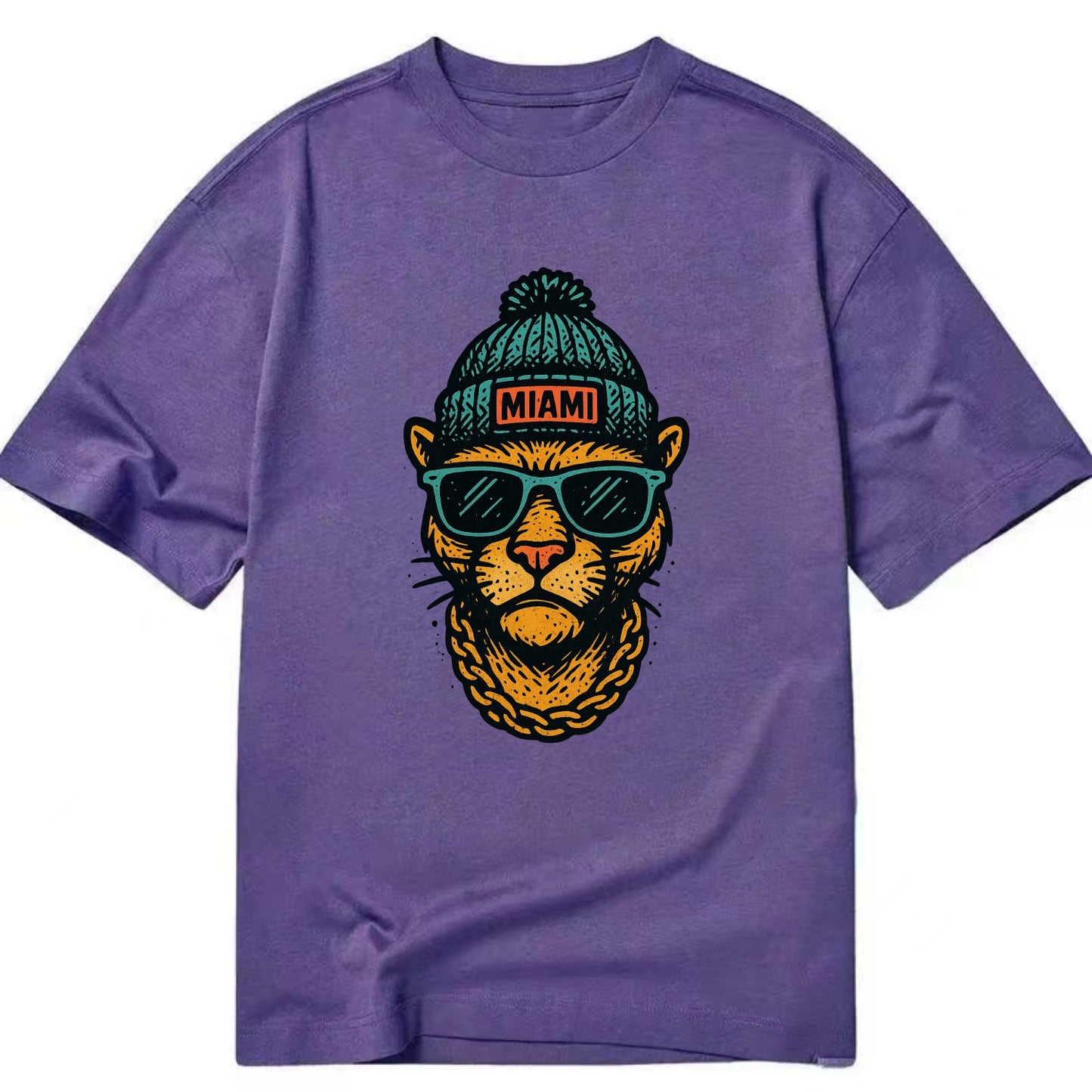 Florida Panther wearing Miami beanie with pom pom and wayfarer sunglasses - Classic T-shirt - Purple
