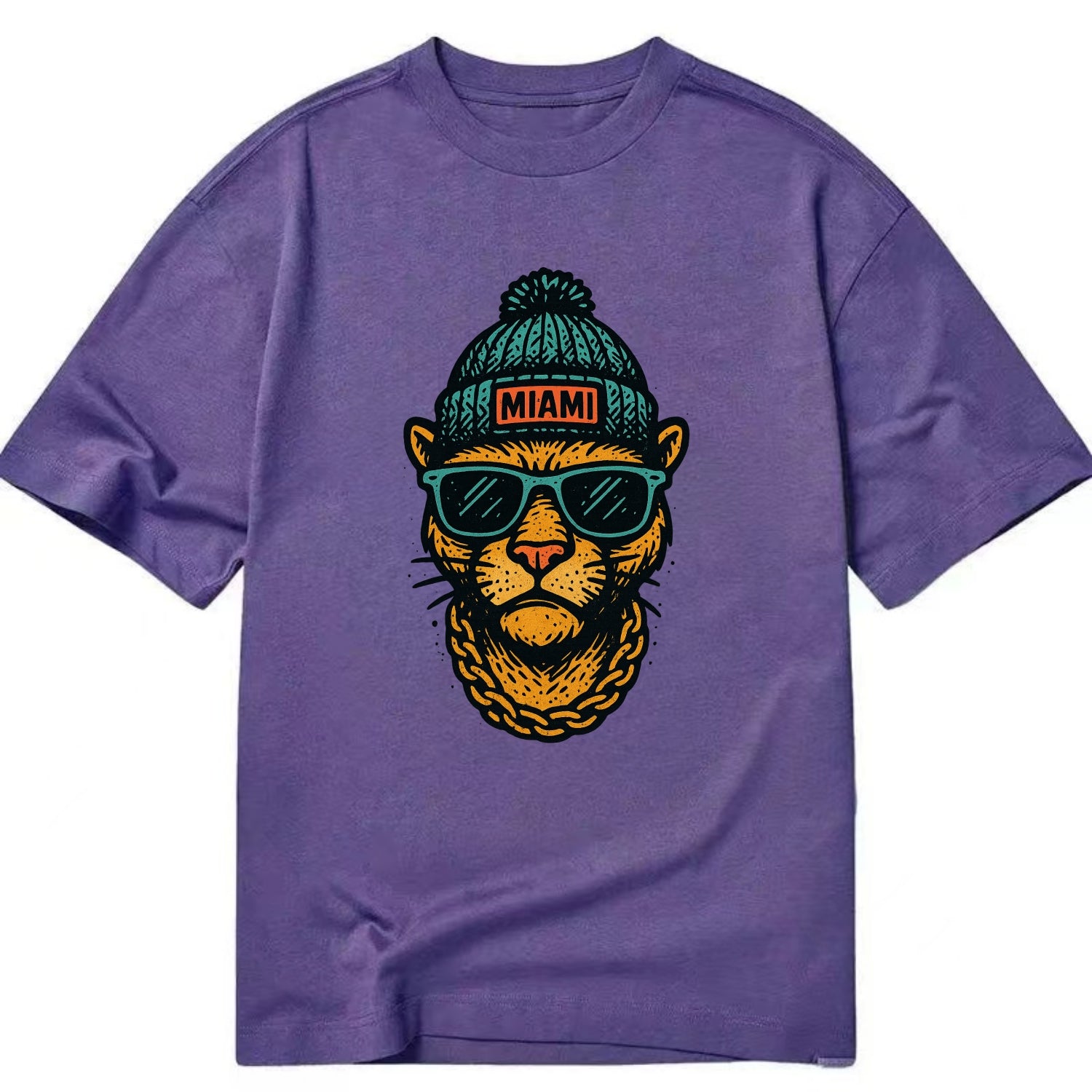 Florida Panther wearing Miami beanie with pom pom and wayfarer sunglasses - Classic T-shirt - Purple