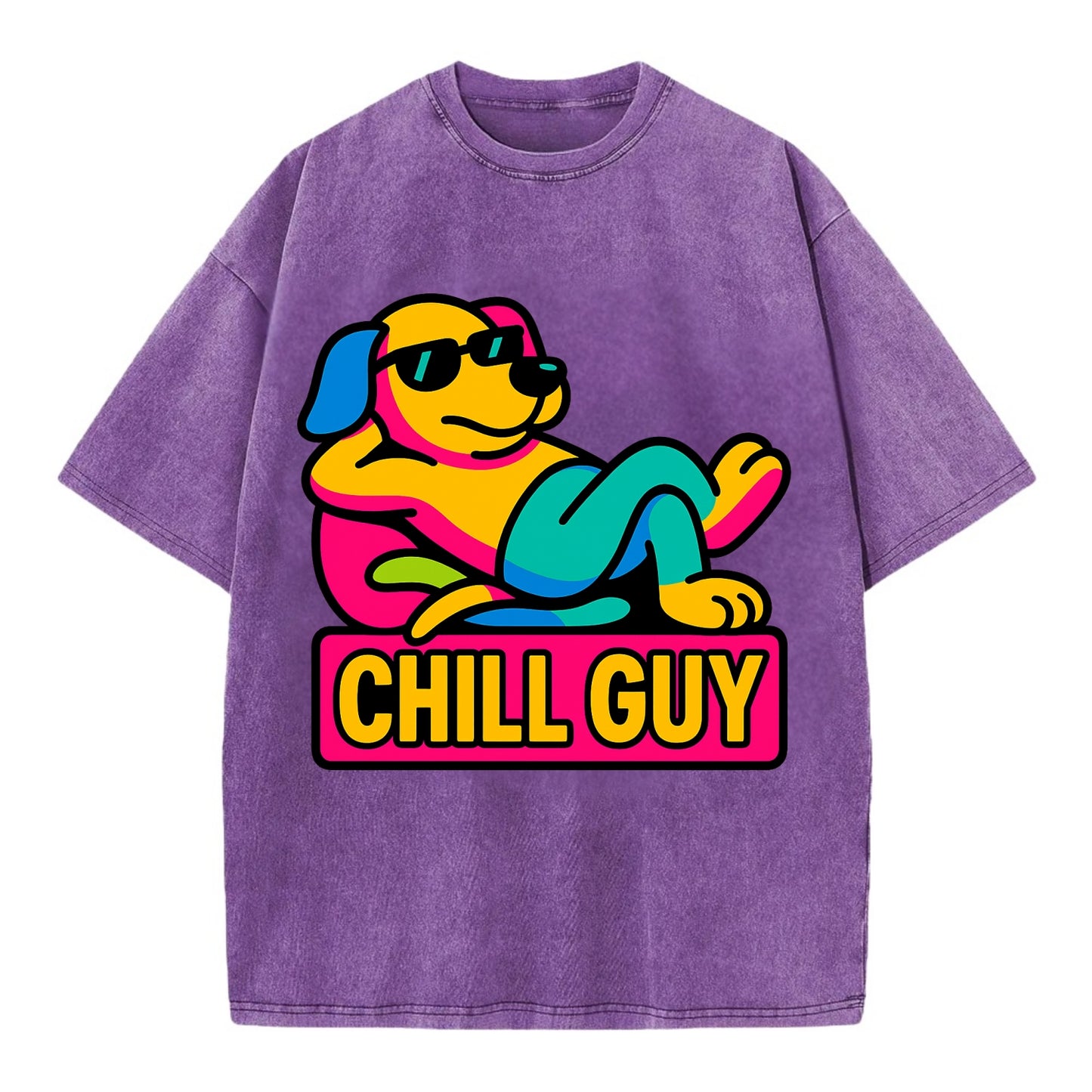Super relaxed dog character lounging unbothered - "Chill Guy" meme energy, laid - Vintage T-shirt - Purple