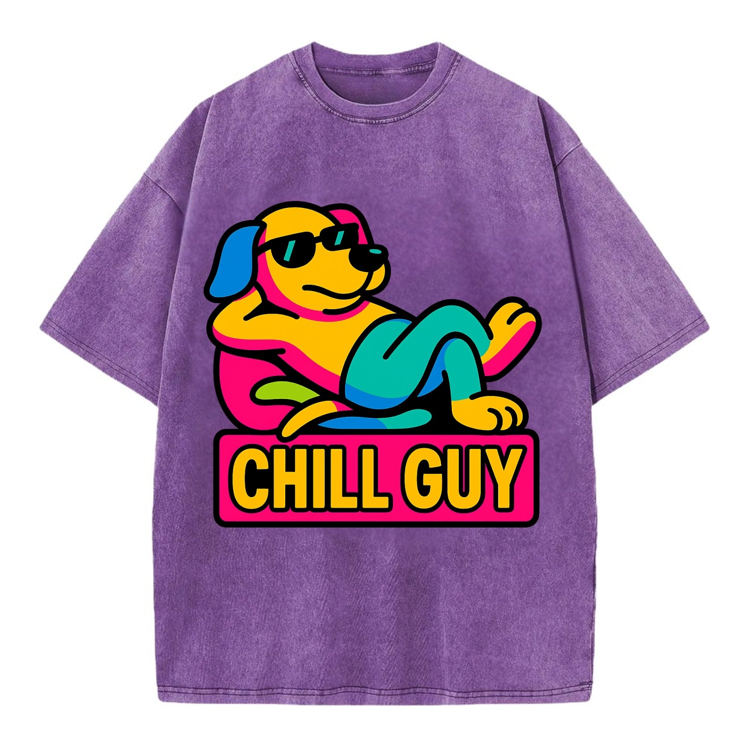 Super relaxed dog character lounging unbothered - "Chill Guy" meme energy, laid - Vintage T-shirt - Purple
