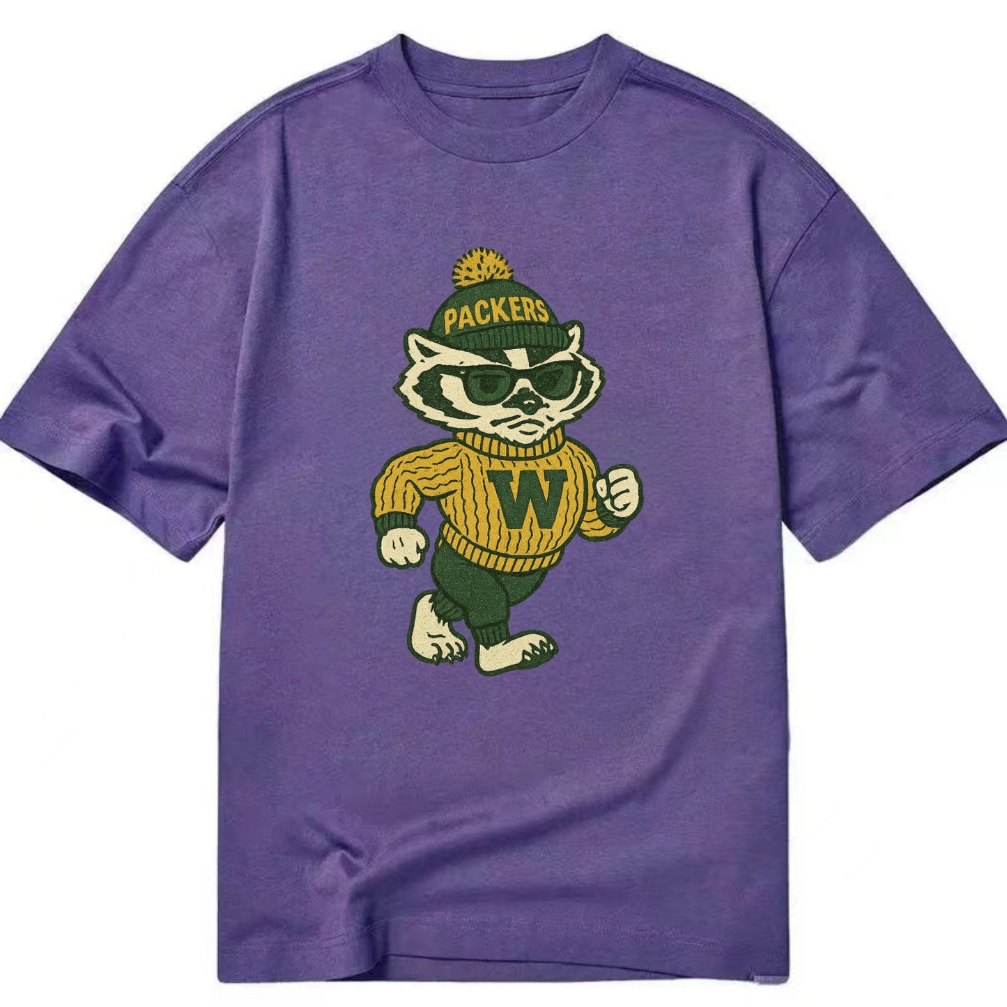 Wisconsin Badger wearing Packers green and gold beanie with pom pom and wayfarer - Classic T-shirt - Purple