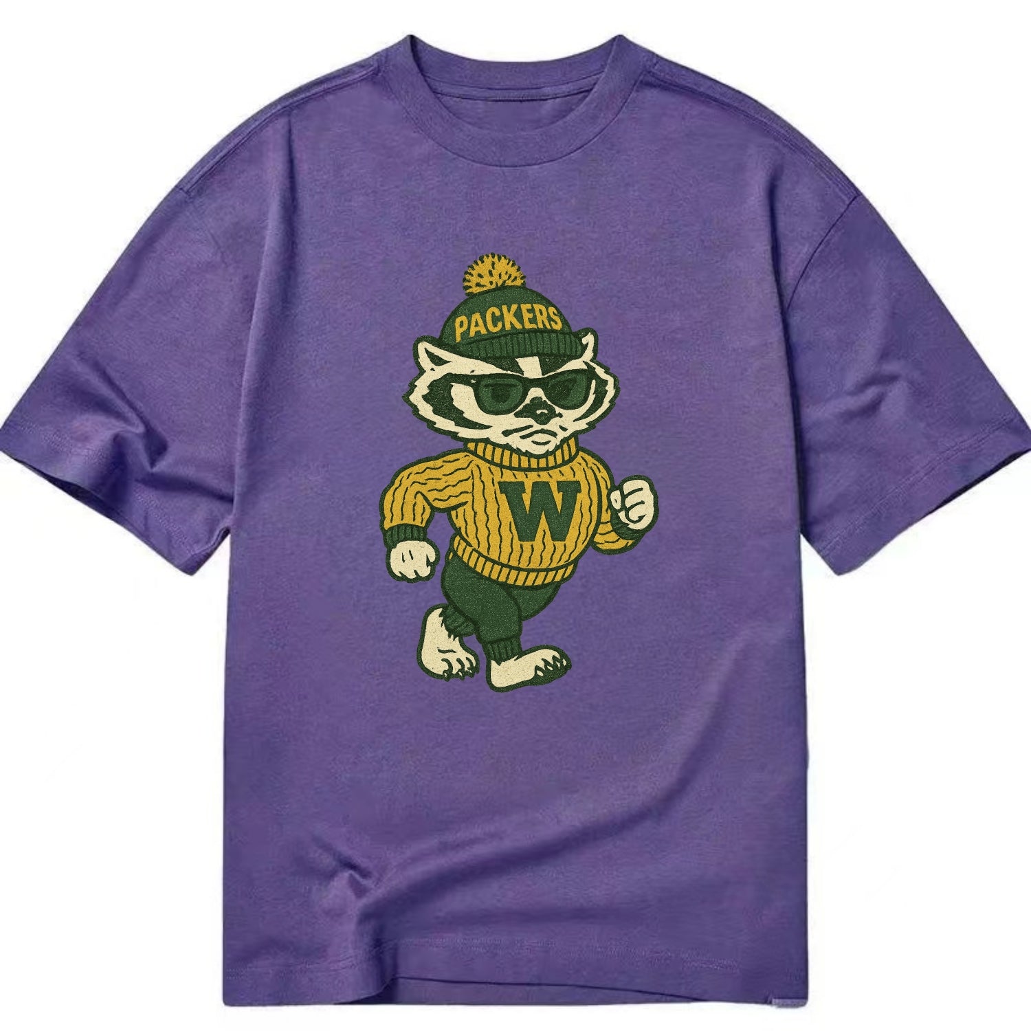 Wisconsin Badger wearing Packers green and gold beanie with pom pom and wayfarer - Classic T-shirt - Purple