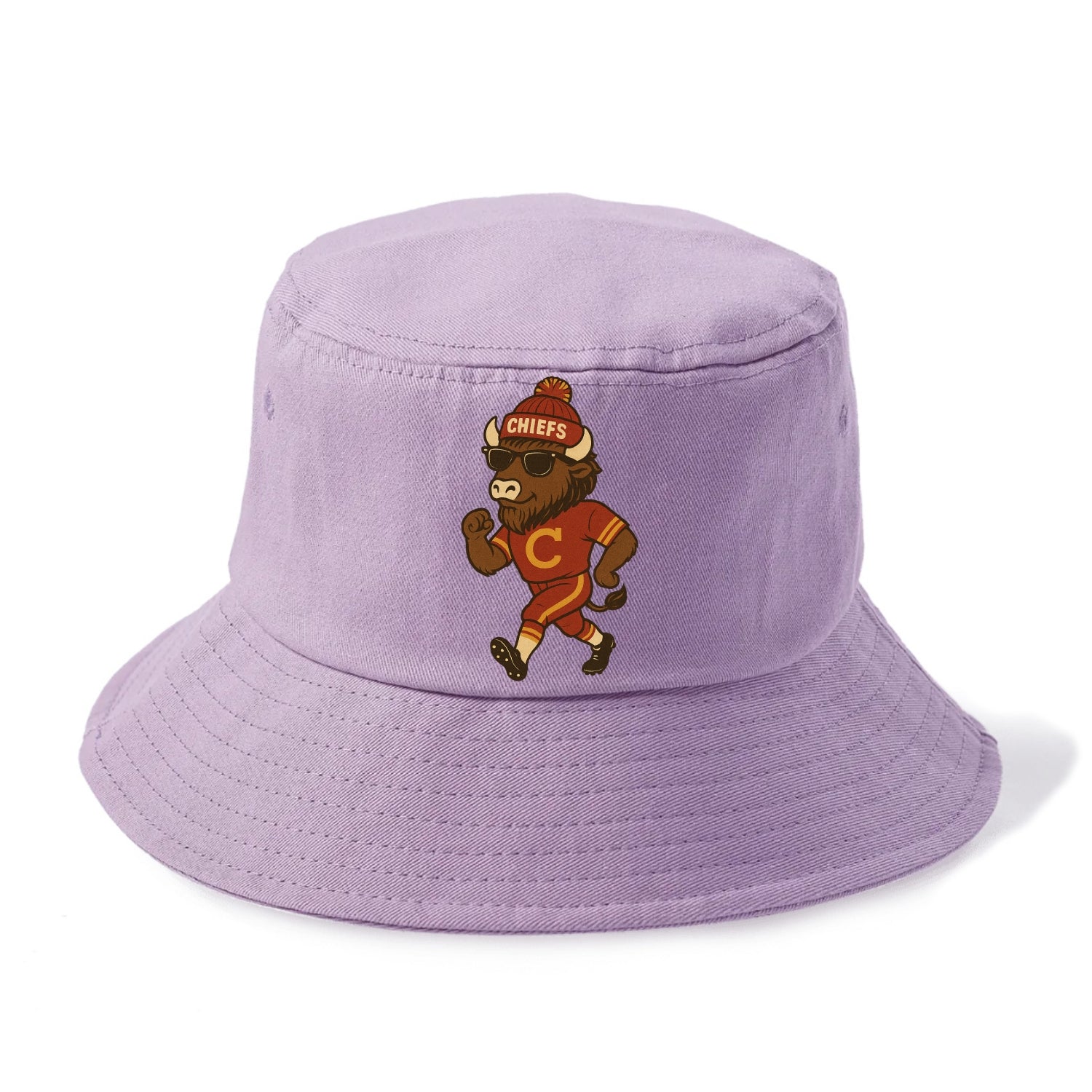 KC Bison wearing Chiefs beanie with arrowhead patch and wayfarer sunglasses - Bucket Hat - Purple