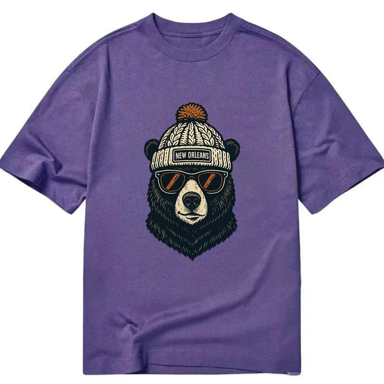 Louisiana Black Bear wearing New Orleans beanie with pom pom and wayfarer - Classic T-shirt - Purple