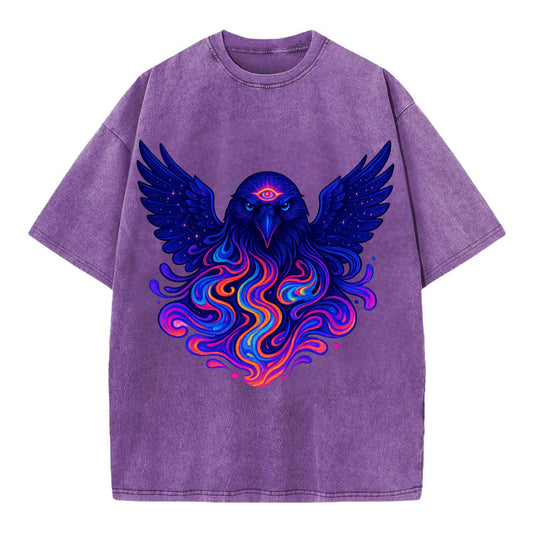 Mysterious raven with feathers showing future visions in neon colors, wings - Vintage T-shirt - Purple