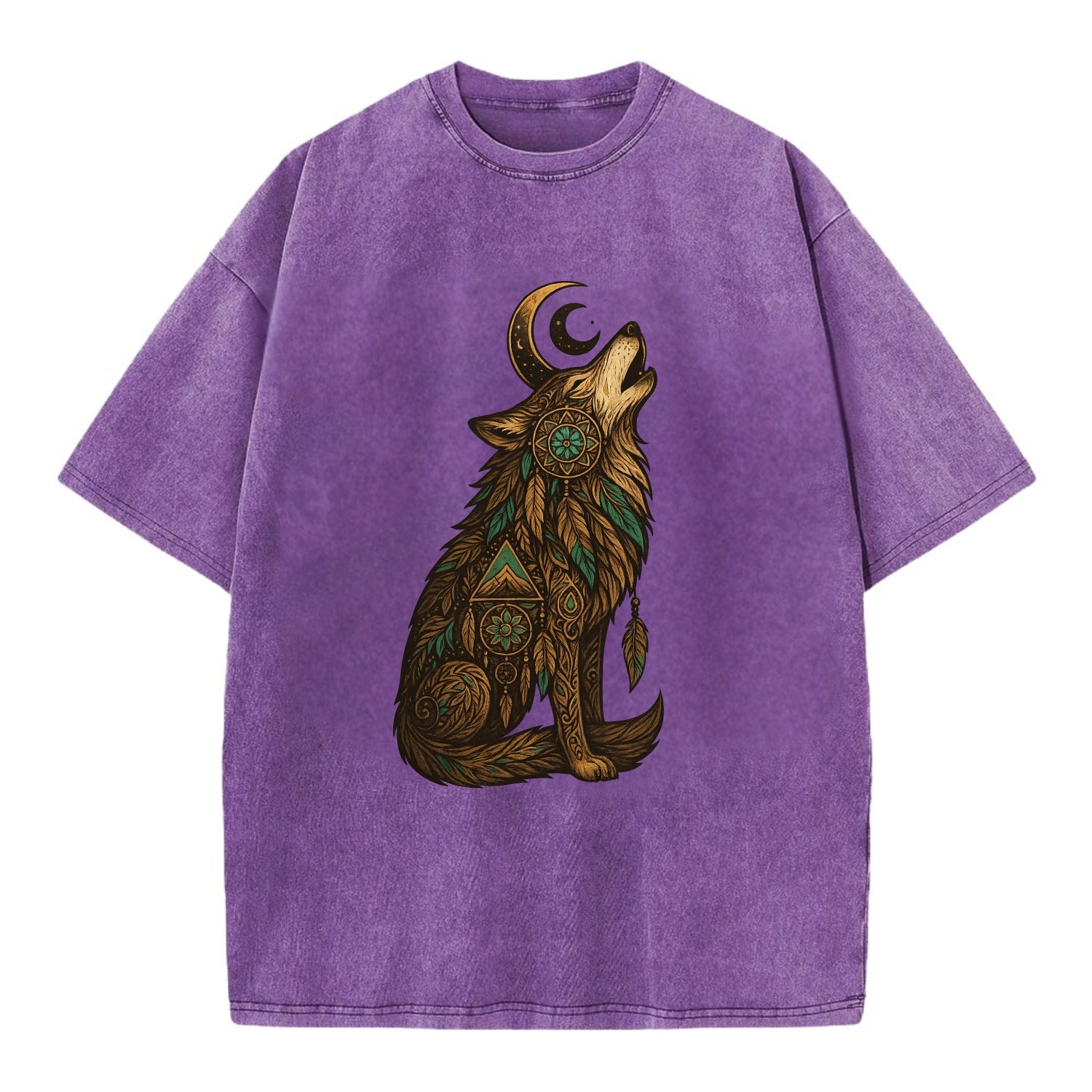 Celestial Moon Wolf  - Vintage T-shirt - Purple