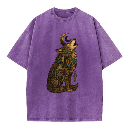 Celestial Moon Wolf  - Vintage T-shirt - Purple