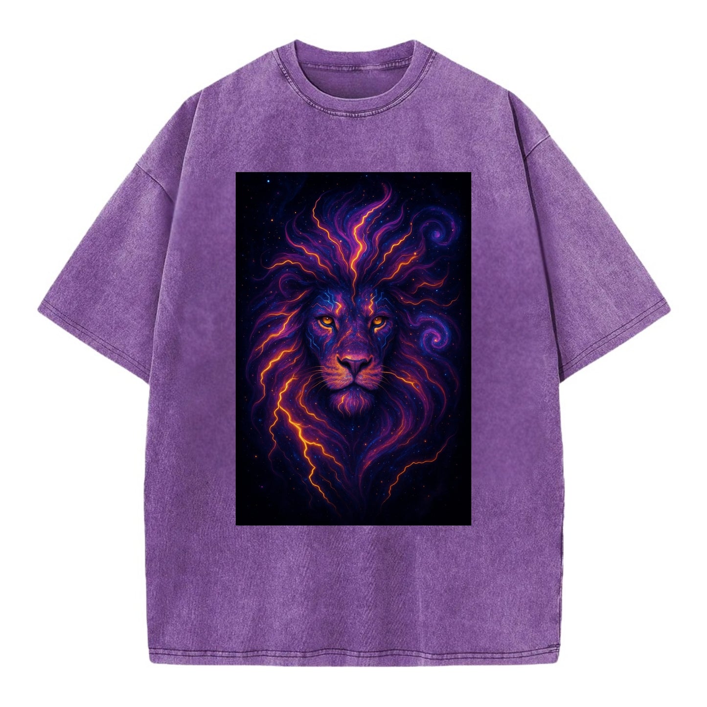 Regal lion with mane made of electric currents, neon yellow and hot pink energy - Vintage T-shirt - Purple