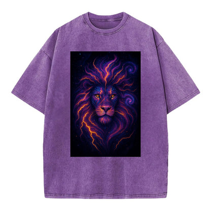 Regal lion with mane made of electric currents, neon yellow and hot pink energy - Vintage T-shirt - Purple