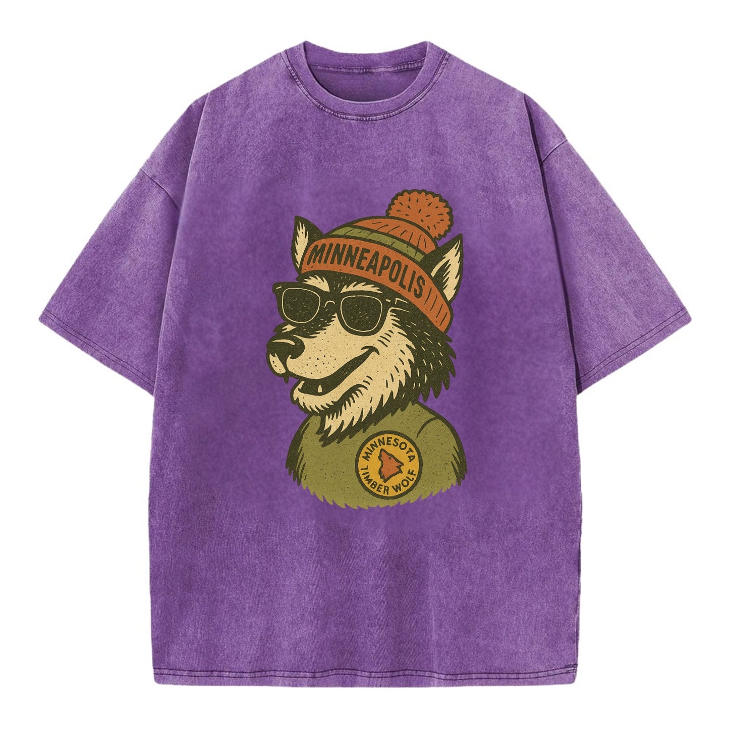 Minnesota Timber Wolf wearing Minneapolis beanie with pom pom and wayfarer - Vintage T-shirt - Purple