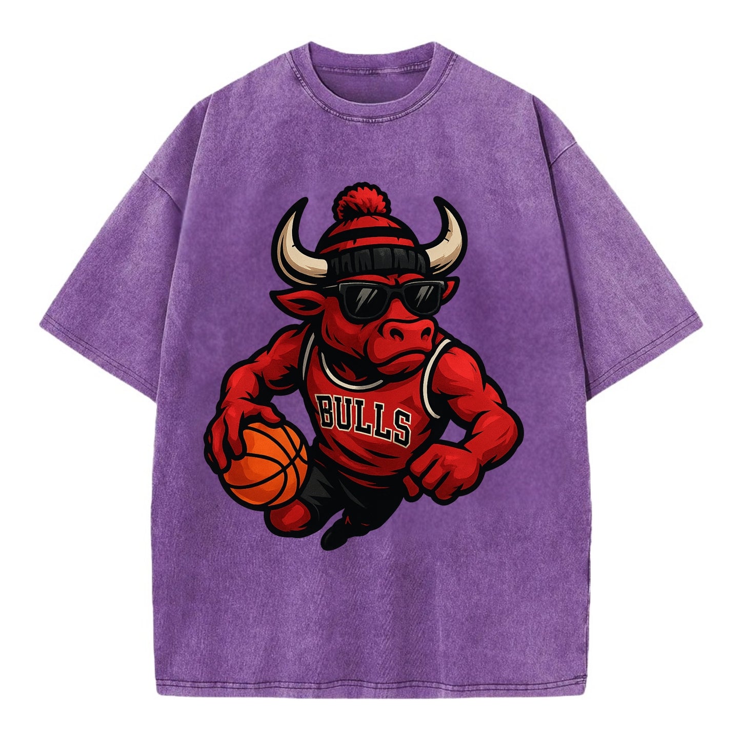 Chicago Bull wearing Bulls red and black beanie with horns design and wayfarer - Vintage T-shirt - Purple