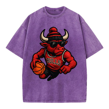 Chicago Bull wearing Bulls red and black beanie with horns design and wayfarer - Vintage T-shirt - Purple