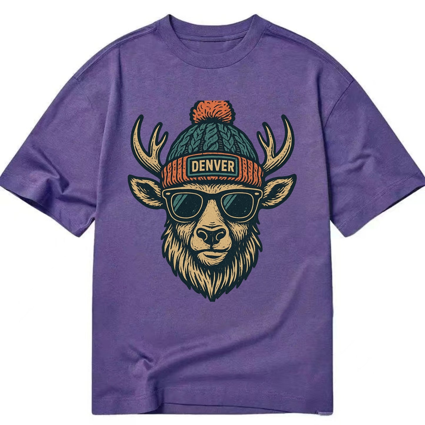 Denver Elk wearing Denver beanie with pom pom and wayfarer sunglasses - Classic T-shirt - Purple