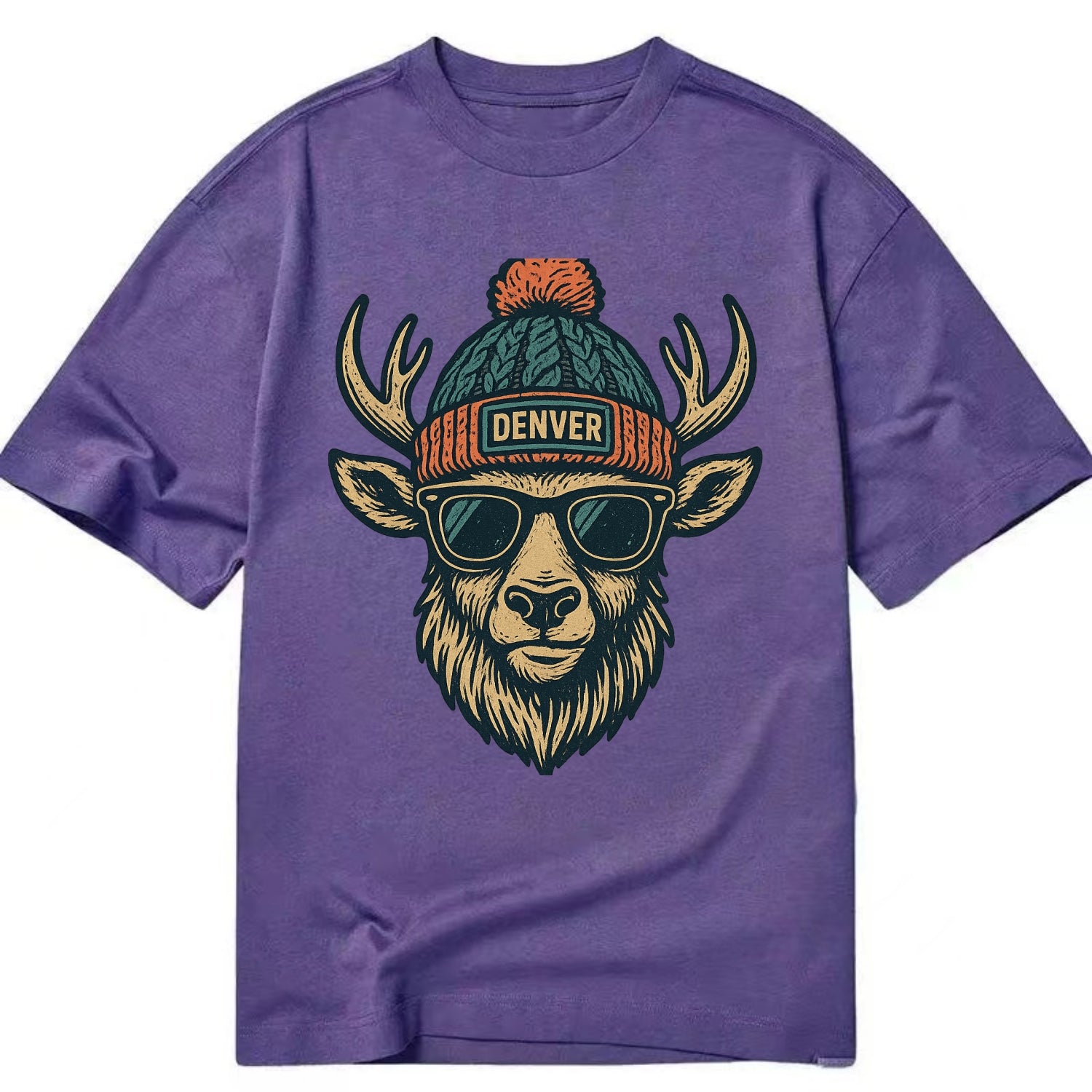 Denver Elk wearing Denver beanie with pom pom and wayfarer sunglasses - Classic T-shirt - Purple