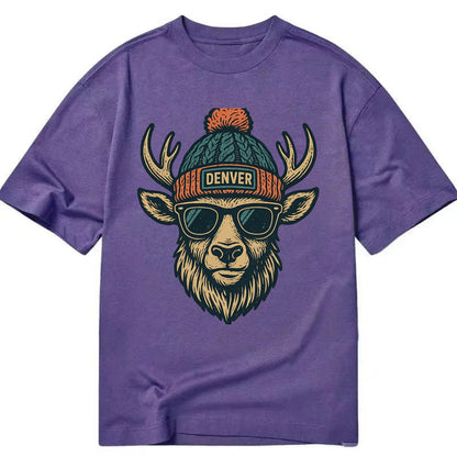 Denver Elk wearing Denver beanie with pom pom and wayfarer sunglasses - Classic T-shirt - Purple