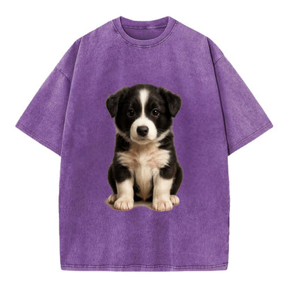 Baby Border Collie Puppy - black and white, intense smart eyes, athletic build, - Vintage T-shirt - Purple