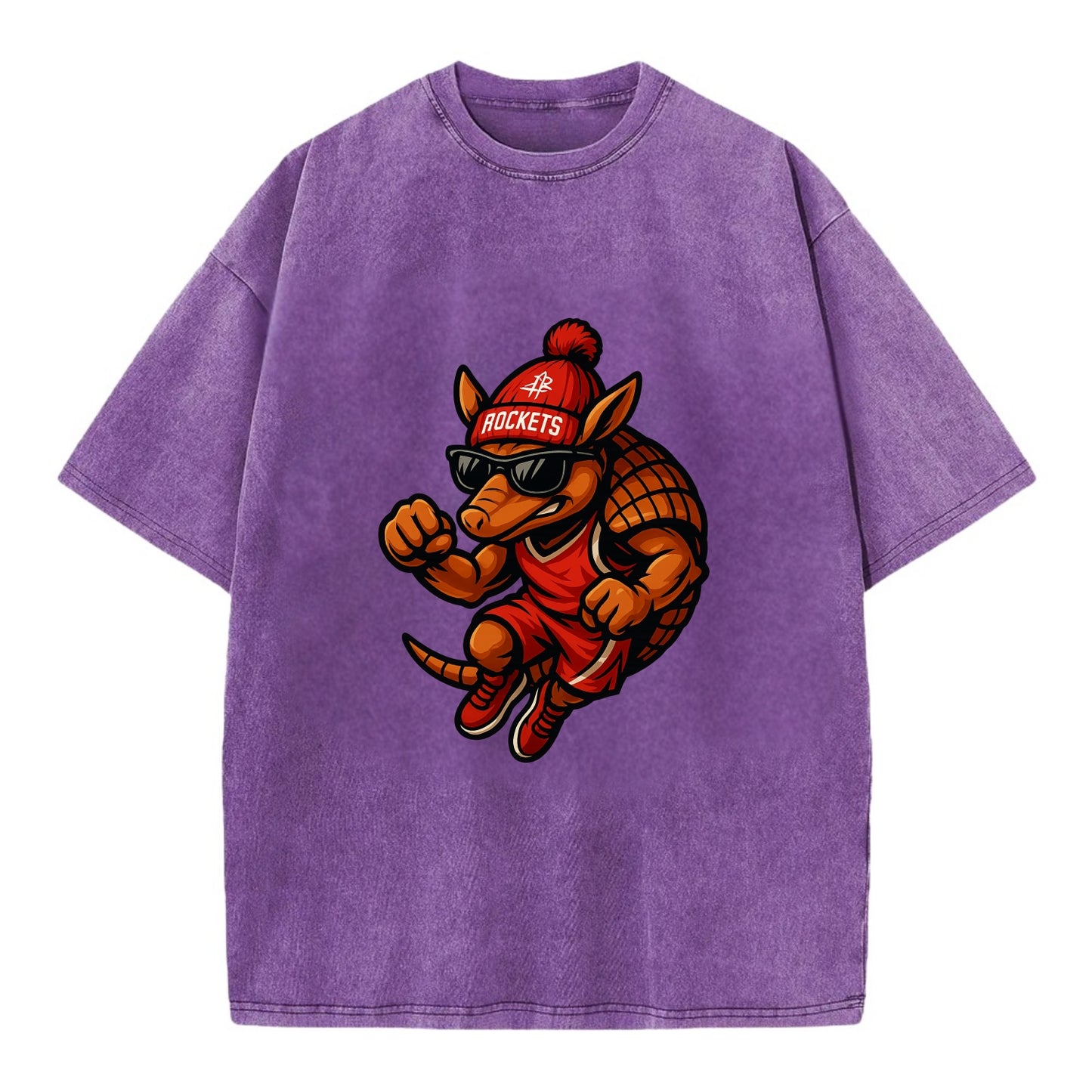 Houston Armadillo wearing Rockets red and silver beanie with rocket ship and - Vintage T-shirt - Purple
