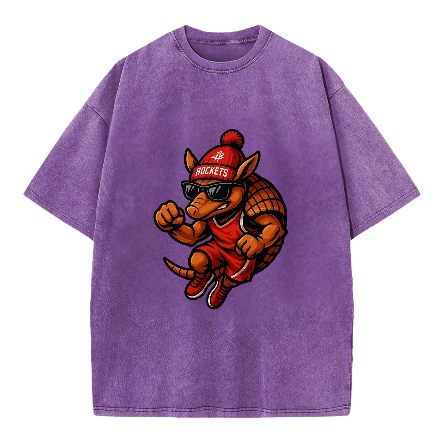 Houston Armadillo wearing Rockets red and silver beanie with rocket ship and - Vintage T-shirt - Purple