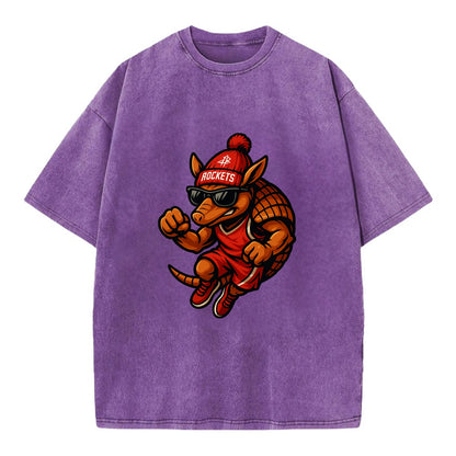 Houston Armadillo wearing Rockets red and silver beanie with rocket ship and - Vintage T-shirt - Purple