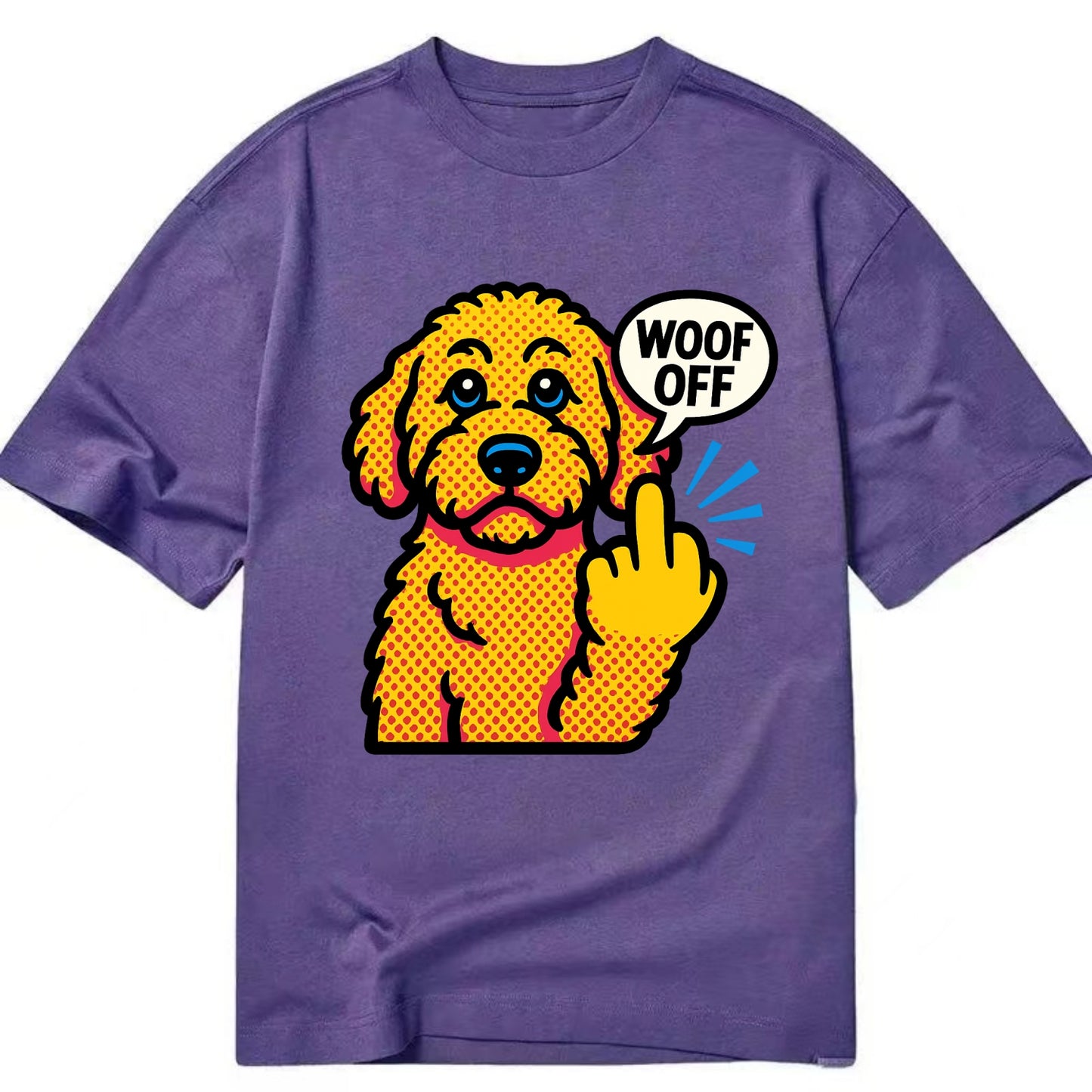 Goldendoodle with teddy bear face and curly golden coat, friendly paw flipping off - Classic T-shirt - Purple