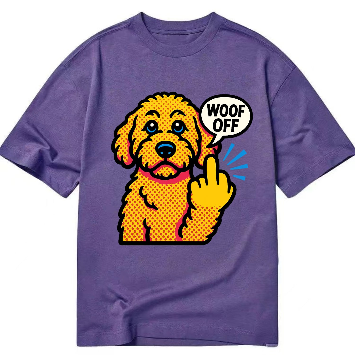 Goldendoodle with teddy bear face and curly golden coat, friendly paw flipping off - Classic T-shirt - Purple
