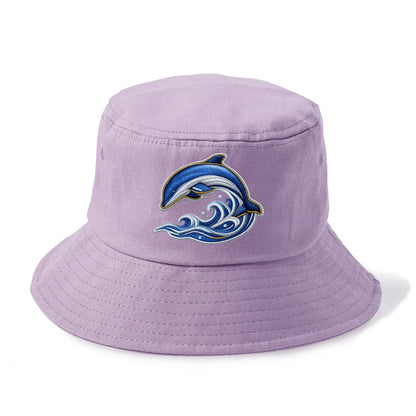 Embroidered patch design - SWIMMING DOLPHIN - diving dolphin with waves in blue and - Bucket Hat - Purple