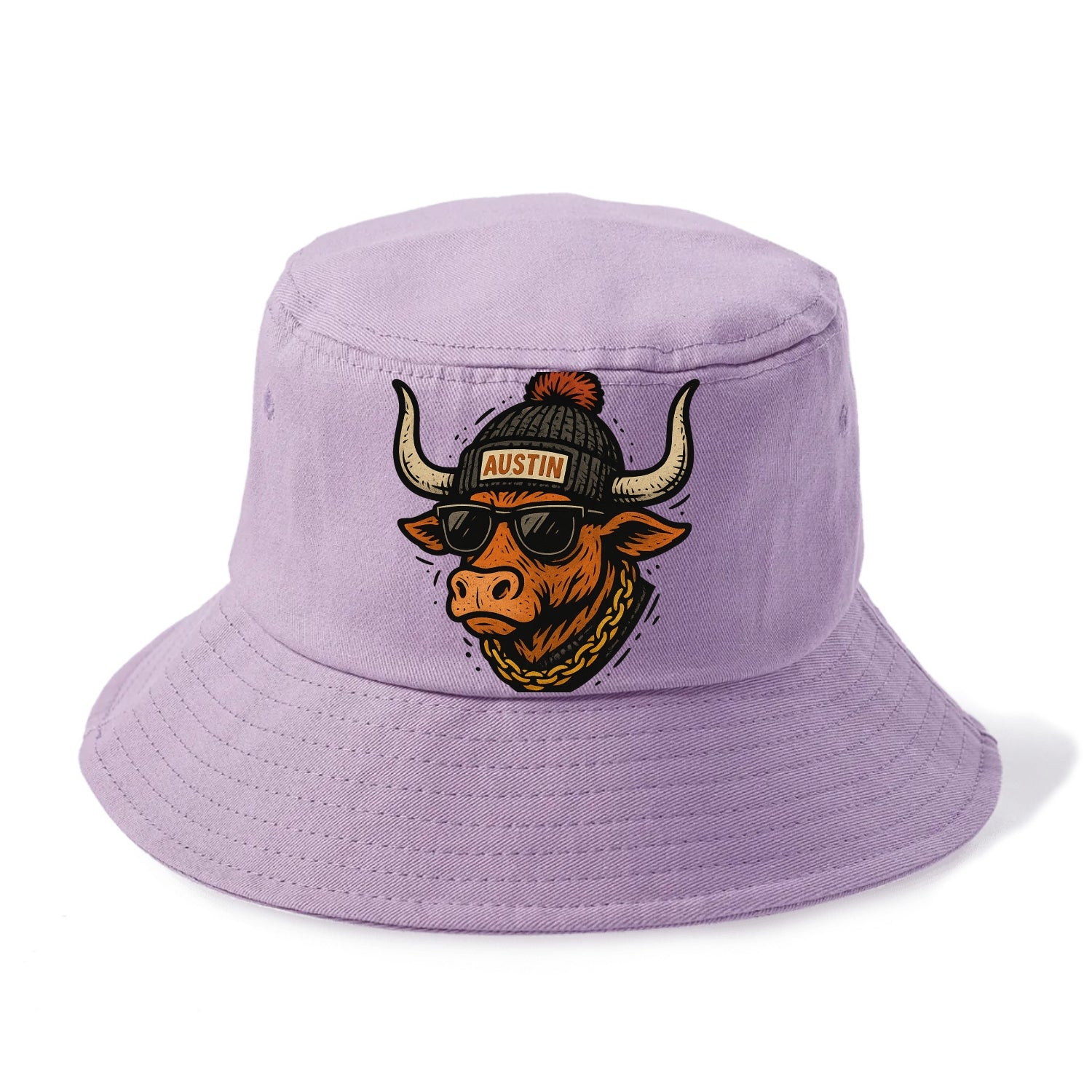 Texas Longhorn wearing Austin beanie with pom pom and wayfarer sunglasses - Bucket Hat - Purple