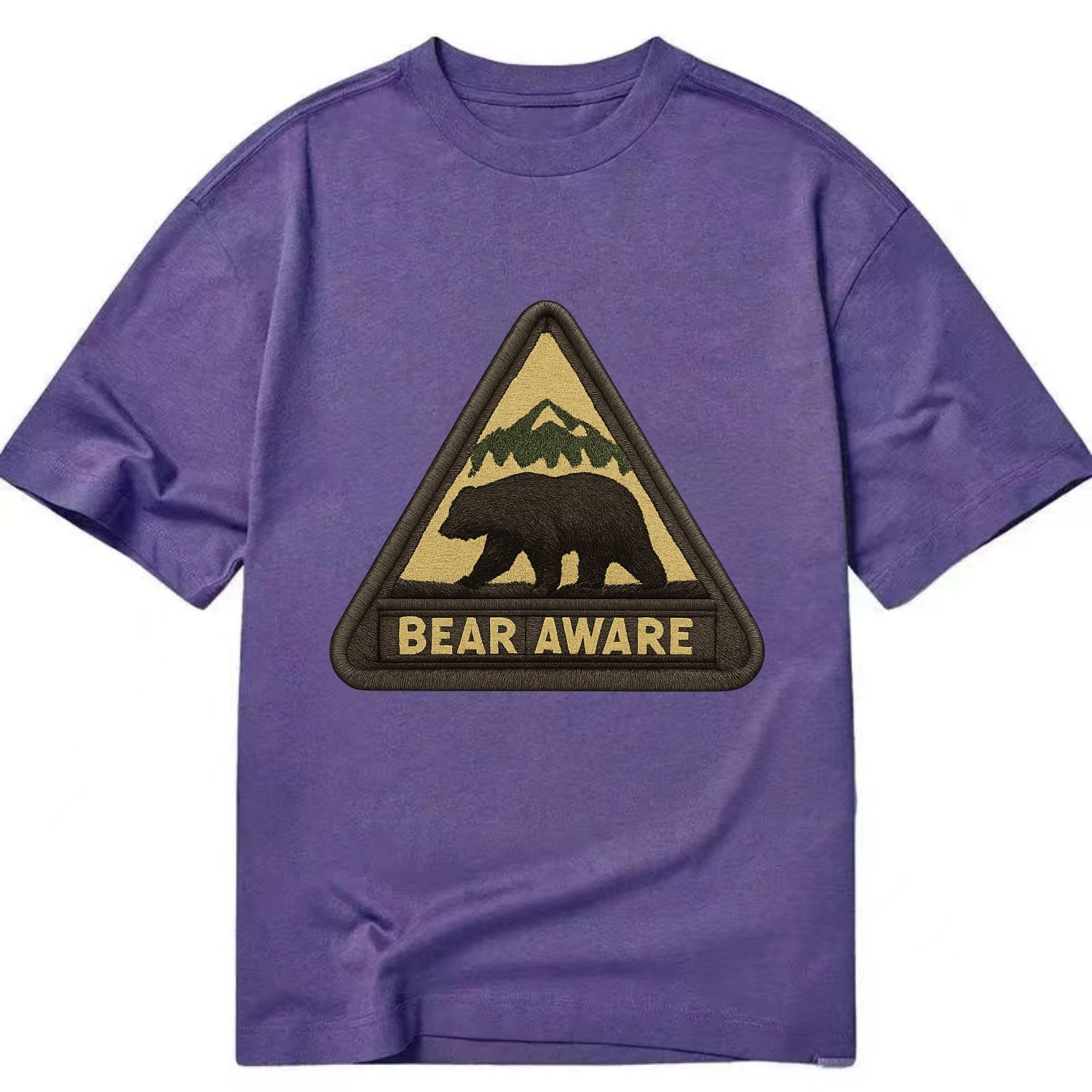 BEAR AWARE - bear silhouette warning in brown and yellow , wilderness safety - Classic T-shirt - Purple