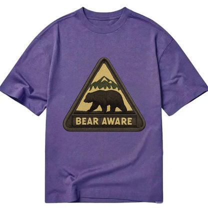 BEAR AWARE - bear silhouette warning in brown and yellow , wilderness safety - Classic T-shirt - Purple