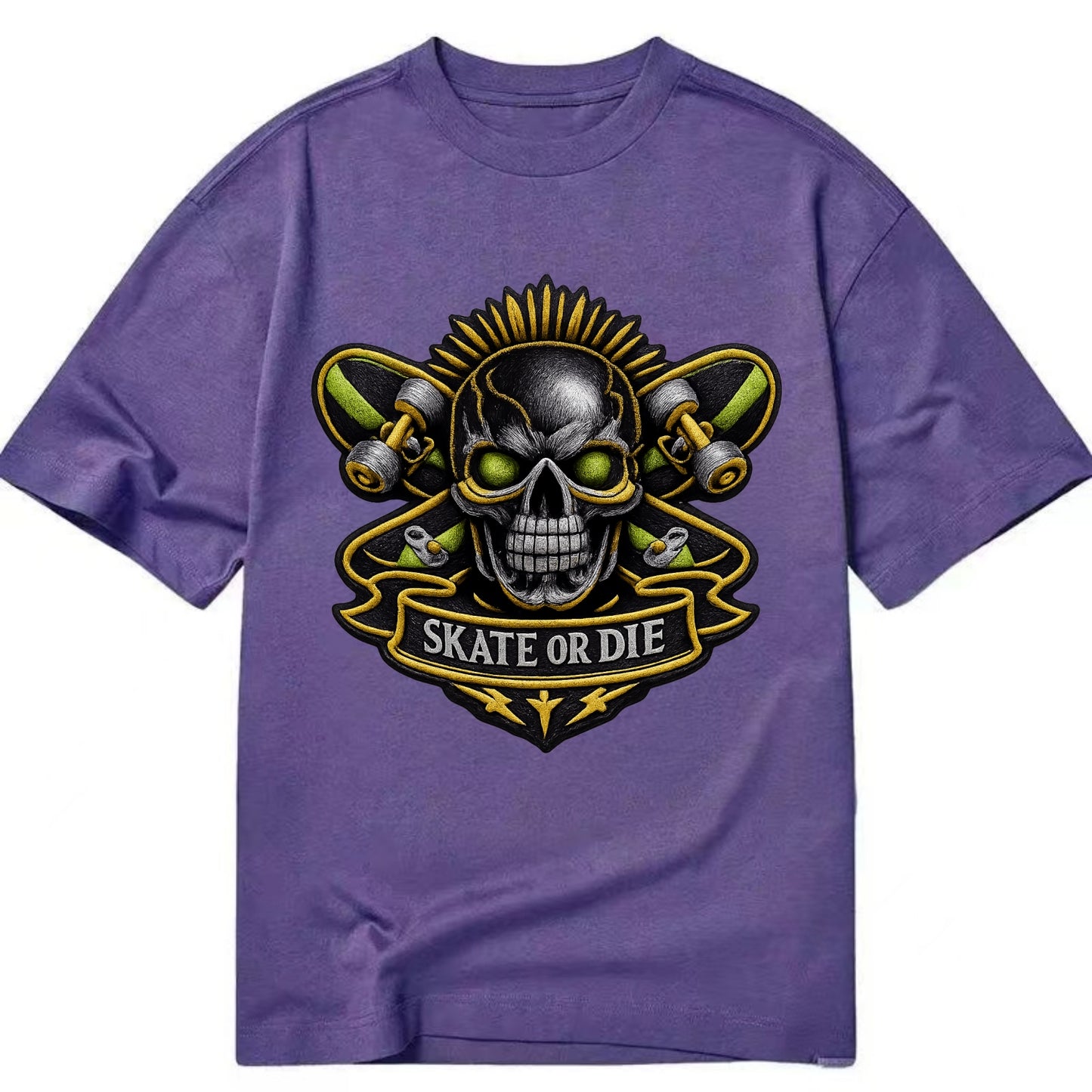 Embroidered patch design - SKATEBOARD SKULL - skull with skateboard in black and - Classic T-shirt - Purple